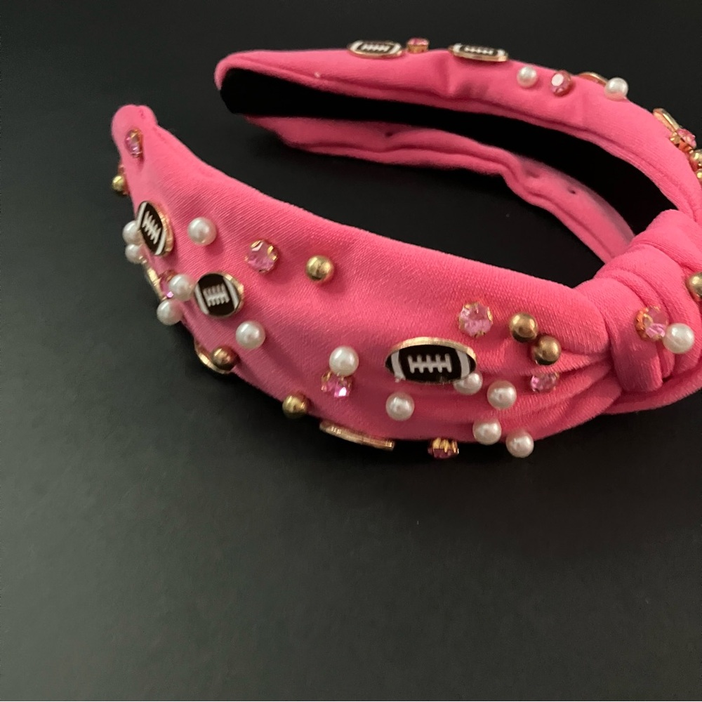 Limited Football Edition Knotted Headband Hot Pink Wide Top Rhinestone - Picture 3 of 4